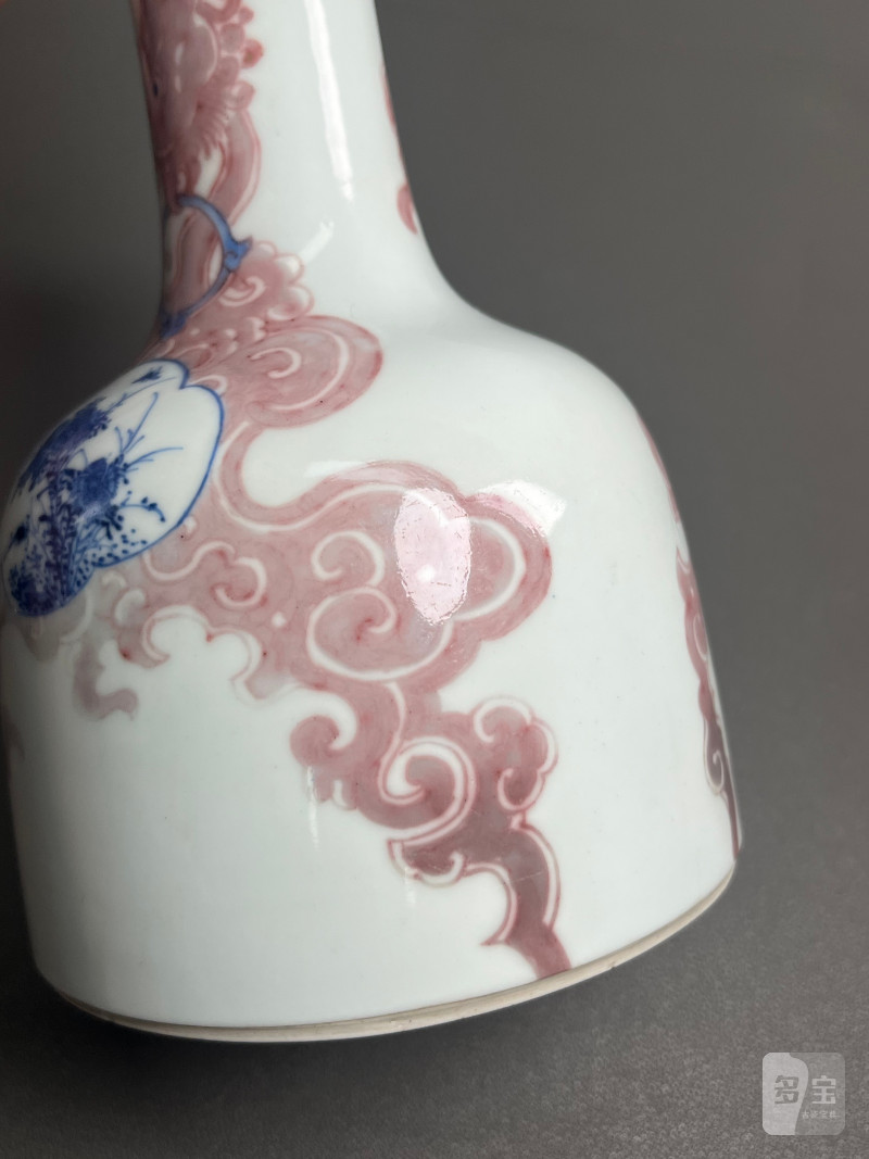 清康熙  青花釉里红夔凤开光花鸟纹双陆尊（附木盒） - 图14